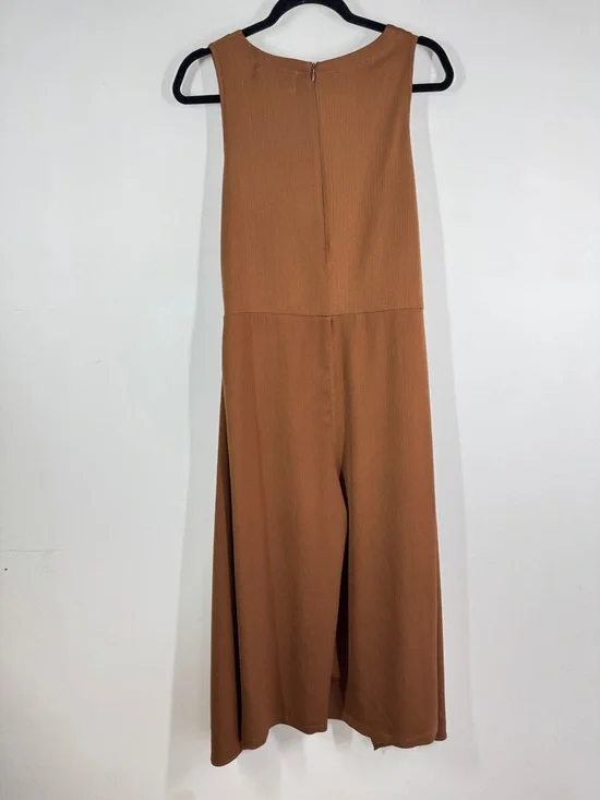 Workhall Brown Sleeveless Relaxed Fit Jumpsuit Tie Waist Wide Leg Minimalist - Picture 9 of 16
